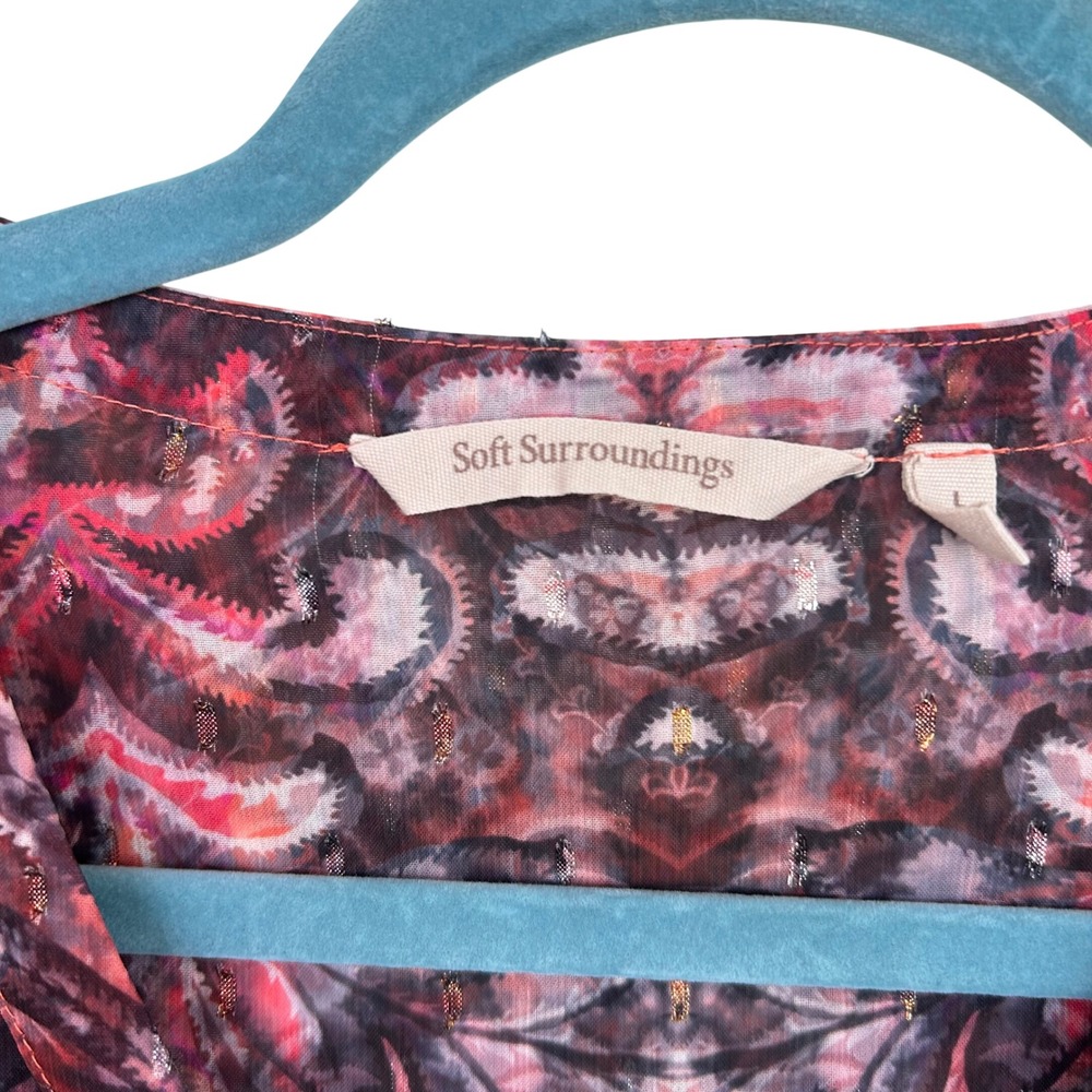 Soft Surroundings Blouse Women Large Burgundy Paisley Metallic Shimmer Sheer Top - Picture 8 of 9